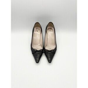 Chanel Black Perforated Leather Pointed Toe Heels CC Logo Toe & Bow Size EU 35